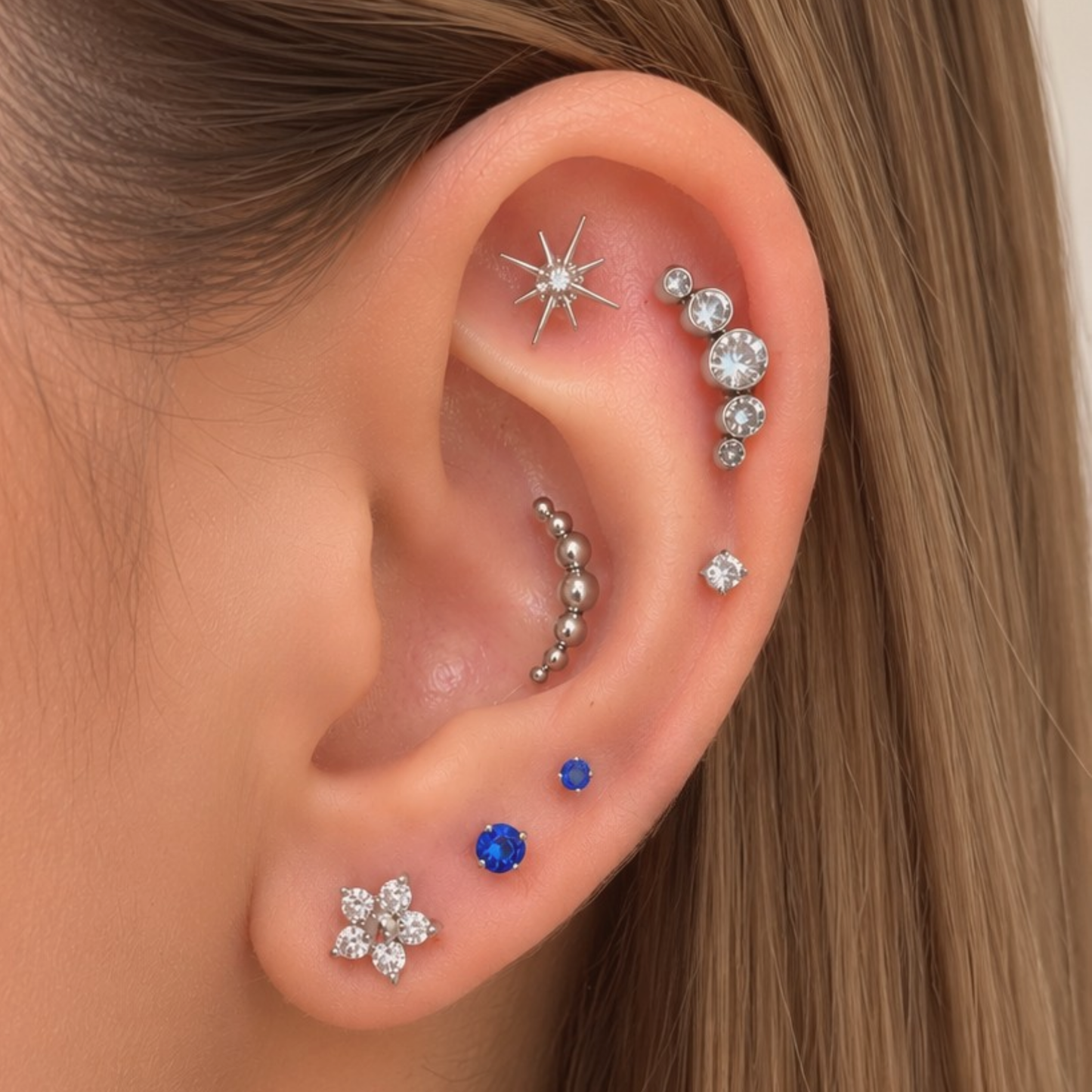 Piercing Titanio Plateado Blue Stud - Modelo a Elegir